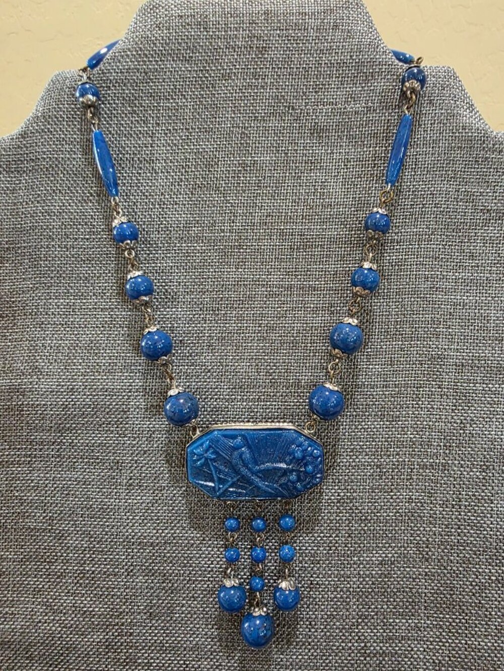 Vintage ART DECO Czech Blue Lapis Exotic Glass Bird Pendant Necklace 14" Bohemia - Picture 13 of 13